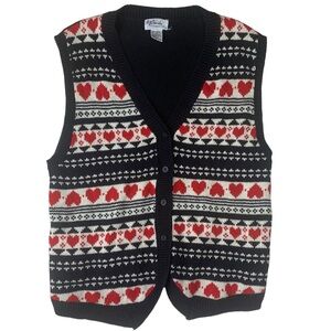All Points Vintage 90s Size M Knit Black White Red Heart Sweater Vest